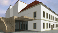 divadlo čl Představa nového hlavního vchodu se časem vyvíjela. Jeho součástí bude též pasáž do Jiráskovy ulice. Vizualizace studia Adam Rujbr Architects s. r. o.